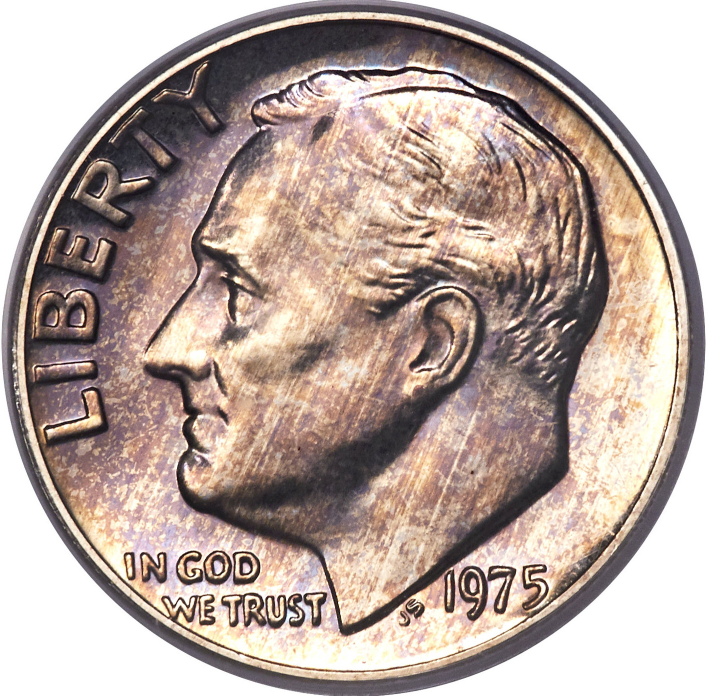 1975 No-S Proof dime showing blank mint mark area above the date where the S should appear