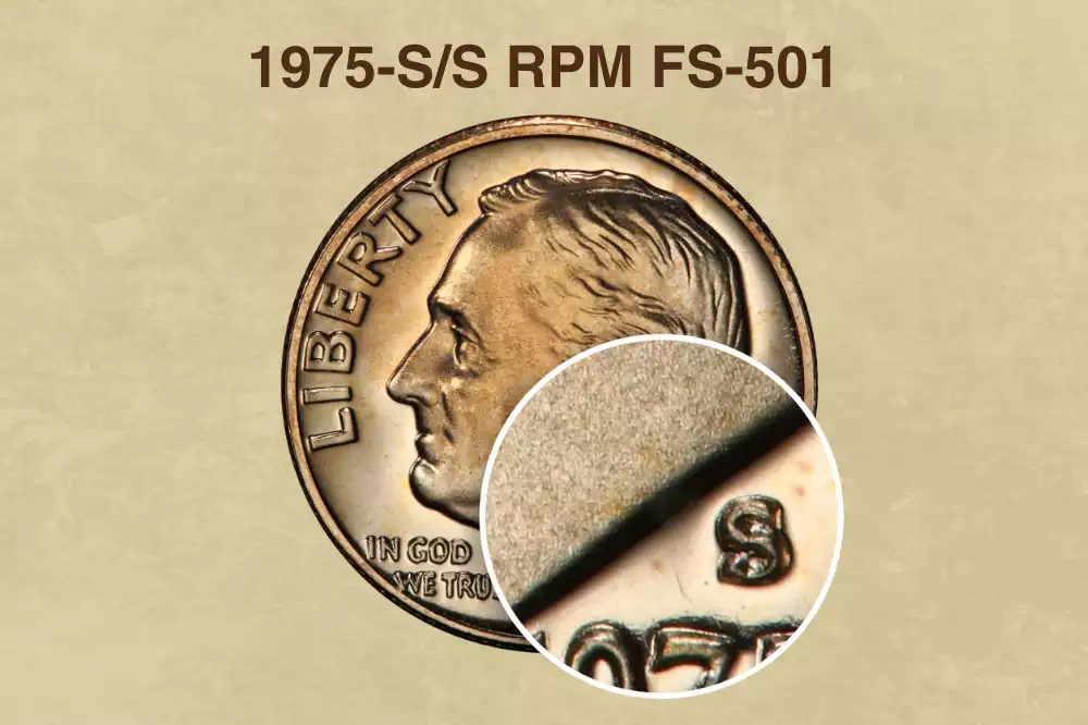1975-S/S RPM FS-501 proof dime showing doubled overlapping S mint mark impressions under magnification