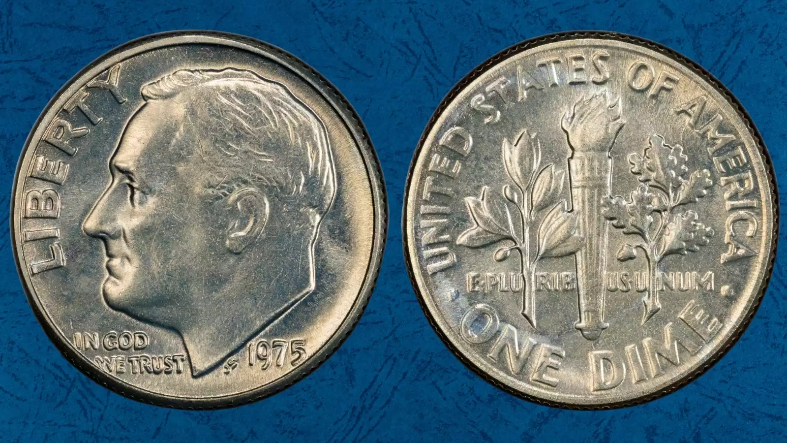 1975 Roosevelt dime doubled die error showing visible doubling on the LIBERTY lettering or date