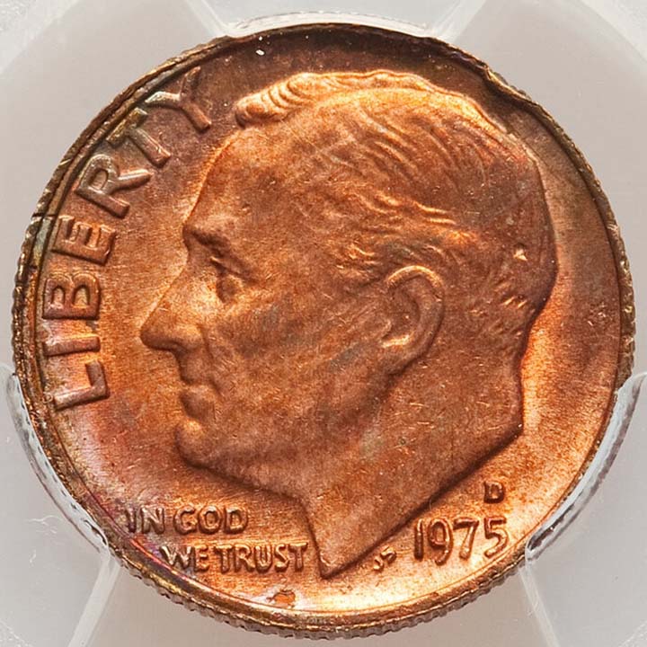 1975 Roosevelt dime wrong planchet error showing size or metal difference compared to a standard dime planchet