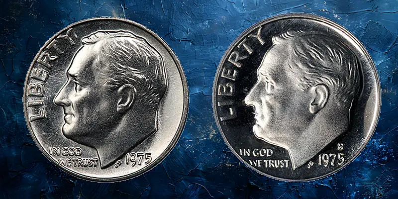 Group of 1975 Roosevelt dimes including Philadelphia, Denver, and San Francisco proof examples showing all three mint varieties